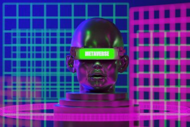 metaverse vr simulasyon oyun siber punk tarzı, dijital robot, üç boyutlu resimleme, sanal gerçeklik 