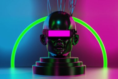 metaverse vr simulasyon oyun siber punk tarzı, dijital robot, üç boyutlu resimleme, sanal gerçeklik 