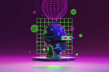 metaverse vr simulasyon oyun siber punk tarzı, dijital robot, üç boyutlu resimleme, sanal gerçeklik 