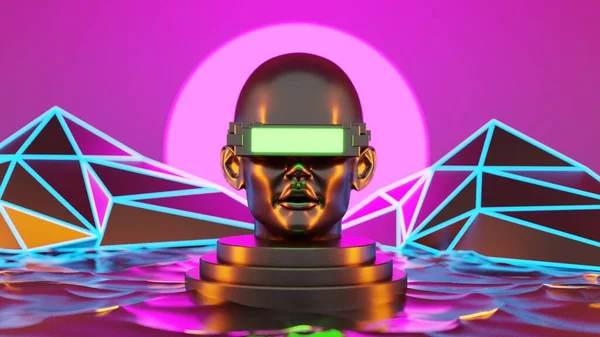 metaverse vr simulasyon oyun siber punk tarzı, dijital robot, üç boyutlu resimleme, sanal gerçeklik 