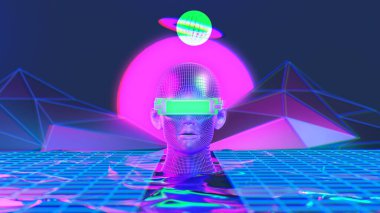 metaverse vr simulasyon oyun siber punk tarzı, dijital robot, üç boyutlu resimleme, sanal gerçeklik 