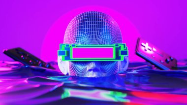 metaverse vr simulasyon oyun siber punk tarzı, dijital robot, üç boyutlu resimleme, sanal gerçeklik 