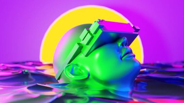 metaverse vr simulasyon oyun siber punk tarzı, dijital robot, üç boyutlu resimleme, sanal gerçeklik 