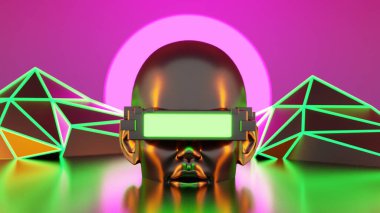 metaverse vr simulasyon oyun siber punk tarzı, dijital robot, üç boyutlu resimleme, sanal gerçeklik 
