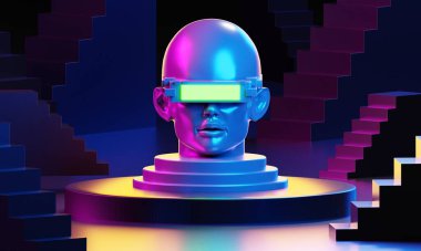 metaverse vr simulasyon oyun siber punk tarzı, dijital robot, üç boyutlu resimleme, sanal gerçeklik 