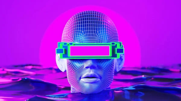 metaverse vr simulasyon oyun siber punk tarzı, dijital robot, üç boyutlu resimleme, sanal gerçeklik 