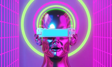 metaverse vr simulasyon oyun siber punk tarzı, dijital robot, üç boyutlu resimleme, sanal gerçeklik 