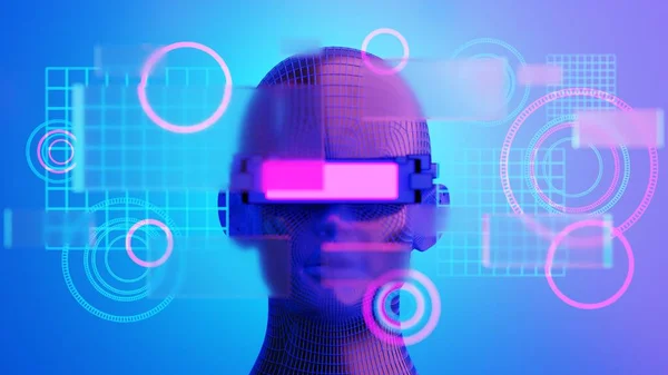 metaverse vr simulasyon oyun siber punk tarzı, dijital robot, üç boyutlu resimleme, sanal gerçeklik 
