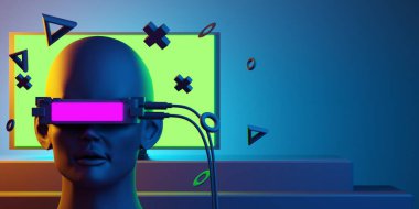 metaverse vr simulasyon oyun siber punk tarzı, dijital robot, üç boyutlu resimleme, sanal gerçeklik 