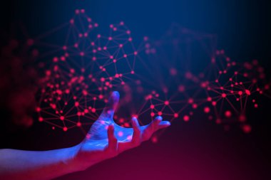 Sosyal veri netowork yüzen el, şeylerin internet AI bilgi, küresel sistem teknolojisini tutmak, derin öğrenme, robotik ikili, dijital hacker güvenlik, Online sunucu