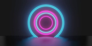 Oyun arka planının 3 boyutlu canlandırması soyut, bilgisayar oyunu duvar kağıdının siber punk tarzı, bilimkurgu metaverinin neon ışığı