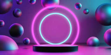 Bilimkurgu oyun siberpunkunun soyut arka planı, sanal gerçeklik simülasyonu, sahne duruşu sahnesi, 3D illüstrasyon