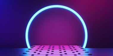 Bilimkurgu oyun siberpunkunun soyut arka planı, sanal gerçeklik simülasyonu, sahne duruşu sahnesi, 3D illüstrasyon