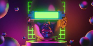 Network ile metaverse vr sanal gerçeklik, simulasyon oyunu, siberpunk oyun geçmişi, 3D çizim illüstrasyonu, Scifi ai robot teknolojisi