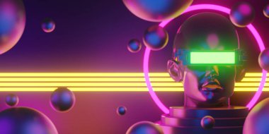 Network ile metaverse vr sanal gerçeklik, simulasyon oyunu, siberpunk oyun geçmişi, 3D çizim illüstrasyonu, Scifi ai robot teknolojisi