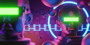 Network ile metaverse vr sanal gerçeklik, simulasyon oyunu, siberpunk oyun geçmişi, 3D çizim illüstrasyonu, Scifi ai robot teknolojisi