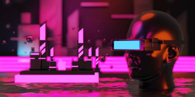 Network ile metaverse vr sanal gerçeklik, simulasyon oyunu, siberpunk oyun geçmişi, 3D çizim illüstrasyonu, Scifi ai robot teknolojisi