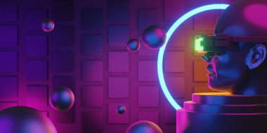 Network ile metaverse vr sanal gerçeklik, simulasyon oyunu, siberpunk oyun geçmişi, 3D çizim illüstrasyonu, Scifi ai robot teknolojisi