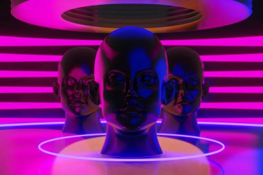 Network ile metaverse vr sanal gerçeklik, simulasyon oyunu, siberpunk oyun geçmişi, 3D çizim illüstrasyonu, Scifi ai robot teknolojisi