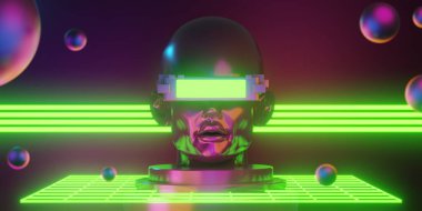 Network ile metaverse vr sanal gerçeklik, simulasyon oyunu, siberpunk oyun geçmişi, 3D çizim illüstrasyonu, Scifi ai robot teknolojisi