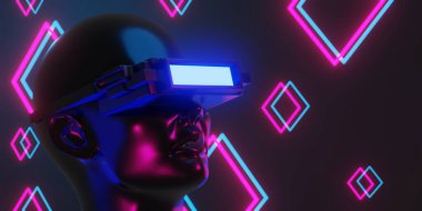 Network ile metaverse vr sanal gerçeklik, simulasyon oyunu, siberpunk oyun geçmişi, 3D çizim illüstrasyonu, Scifi ai robot teknolojisi