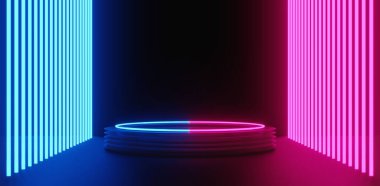 Bilimkurgu oyun siberpunk, sanal gerçeklik simülasyonu ve metaevren soyut arka plan video oyunu, sahne duruşu sahnesi, 3D illüstrasyon çizimi, gelecekçi neon parlaklık odası