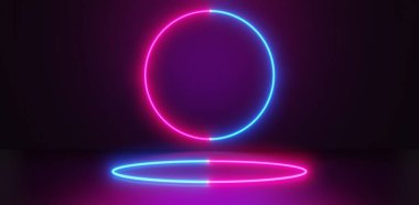 Bilimkurgu oyun siberpunk, sanal gerçeklik simülasyonu ve metaevren soyut arka plan video oyunu, sahne duruşu sahnesi, 3D illüstrasyon çizimi, gelecekçi neon parlaklık odası