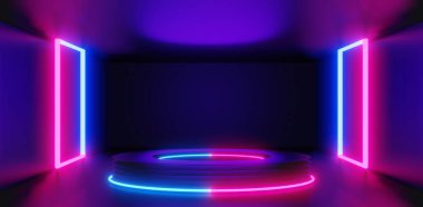 Bilimkurgu oyun siberpunk, sanal gerçeklik simülasyonu ve metaevren soyut arka plan video oyunu, sahne duruşu sahnesi, 3D illüstrasyon çizimi, gelecekçi neon parlaklık odası