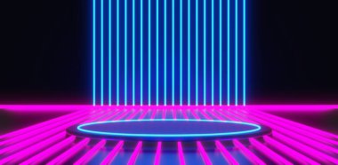 Bilimkurgu oyun siberpunk, sanal gerçeklik simülasyonu ve metaevren soyut arka plan video oyunu, sahne duruşu sahnesi, 3D illüstrasyon çizimi, gelecekçi neon parlaklık odası