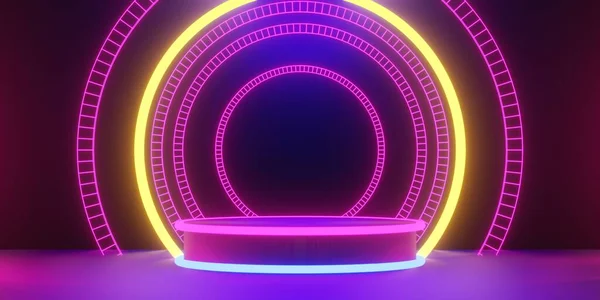 抽象的な背景ビデオゲームのScifiゲームサイバーパンク Vr仮想現実シミュレーションとMetasud シーンスタンド台座のステージ 3Dイラストレンダリング 未来的なネオン輝く部屋 — ストック写真