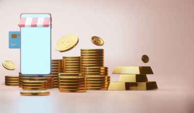 Altın dolar para, çevrimiçi alışveriş, dijital para, para akışı bankası, 3D illüstrasyon, bankacılık ağı