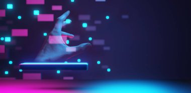 Kara zemin üzerinde metaevren ağının hologramını tutan işadamı eli, metaevren internet sosyal çevrimiçi teknoloji, dijital kripto para