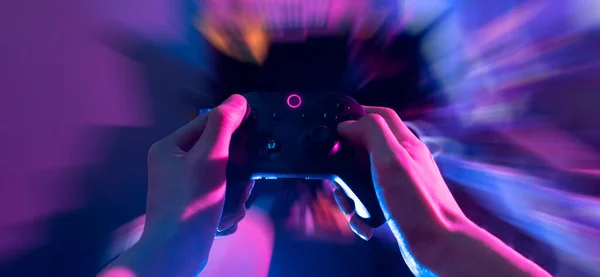 Gamer Playing Online Game Joystick Controller Neon Glow Dark Cyberpunk — 스톡 사진