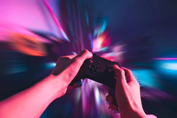 Gamer Playing Online Game Joystick Controller Neon Glow Dark Cyberpunk — Foto Stock