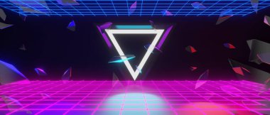 Esports Scifi oyun siberpunk, vr sanal gerçeklik simülasyonu ve metaevren soyut arka plan video oyunu, sahne kaidesi sahnesi, 3D illüstrasyon canlandırma, fütürist neon ışığı odası