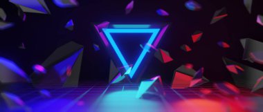 Esports Scifi oyun siberpunk, vr sanal gerçeklik simülasyonu ve metaevren soyut arka plan video oyunu, sahne kaidesi sahnesi, 3D illüstrasyon canlandırma, fütürist neon ışığı odası