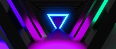 Esports Scifi oyun siberpunk, vr sanal gerçeklik simülasyonu ve metaevren soyut arka plan video oyunu, sahne kaidesi sahnesi, 3D illüstrasyon canlandırma, fütürist neon ışığı odası