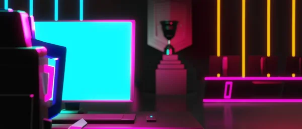 科幻游戏 红蓝相间 电子竞技背景图 的抽象视频游戏 Vr虚拟现实仿真与变换 场景立柱基座舞台 3D图解渲染 未来主义霓虹灯发光室 — 图库照片