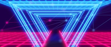 Esports Scifi oyun siberpunk, vr sanal gerçeklik simülasyonu ve metaevren soyut arka plan video oyunu, sahne kaidesi sahnesi, 3D illüstrasyon canlandırma, fütürist neon ışığı odası