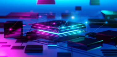 Telekom için internet uydu ağı, 5G küresel veri depolama ağı, sosyal veri iletişimi küresel ağı, 3D illüstrasyon