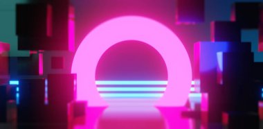 Esports Scifi oyun siberpunk, vr sanal gerçeklik simülasyonu ve metaevren soyut arka plan video oyunu, sahne kaidesi sahnesi, 3D illüstrasyon canlandırma, fütürist neon ışığı odası