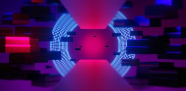 Esports Scifi oyun siberpunk, vr sanal gerçeklik simülasyonu ve metaevren soyut arka plan video oyunu, sahne kaidesi sahnesi, 3D illüstrasyon canlandırma, fütürist neon ışığı odası