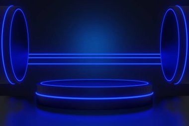 Esports Scifi oyun siberpunk, vr sanal gerçeklik simülasyonu ve metaevren soyut arka plan video oyunu, sahne kaidesi sahnesi, 3D illüstrasyon canlandırma, fütürist neon ışığı odası