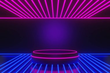 Esports Scifi oyun siberpunk, vr sanal gerçeklik simülasyonu ve metaevren soyut arka plan video oyunu, sahne kaidesi sahnesi, 3D illüstrasyon canlandırma, fütürist neon ışığı odası