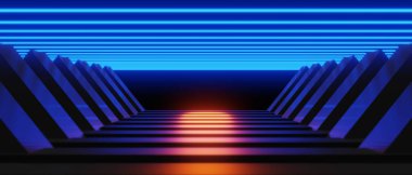 Esports Scifi oyun siberpunk, vr sanal gerçeklik simülasyonu ve metaevren soyut arka plan video oyunu, sahne kaidesi sahnesi, 3D illüstrasyon canlandırma, fütürist neon ışığı odası