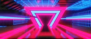 Esports Scifi oyun siberpunk, vr sanal gerçeklik simülasyonu ve metaevren soyut arka plan video oyunu, sahne kaidesi sahnesi, 3D illüstrasyon canlandırma, fütürist neon ışığı odası