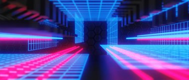 Esports Scifi oyun siberpunk, vr sanal gerçeklik simülasyonu ve metaevren soyut arka plan video oyunu, sahne kaidesi sahnesi, 3D illüstrasyon canlandırma, fütürist neon ışığı odası