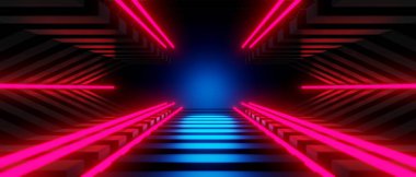 Esports Scifi oyun siberpunk, vr sanal gerçeklik simülasyonu ve metaevren soyut arka plan video oyunu, sahne kaidesi sahnesi, 3D illüstrasyon canlandırma, fütürist neon ışığı odası