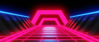 Esports Scifi oyun siberpunk, vr sanal gerçeklik simülasyonu ve metaevren soyut arka plan video oyunu, sahne kaidesi sahnesi, 3D illüstrasyon canlandırma, fütürist neon ışığı odası