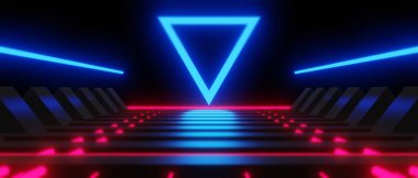 Esports Scifi oyun siberpunk, vr sanal gerçeklik simülasyonu ve metaevren soyut arka plan video oyunu, sahne kaidesi sahnesi, 3D illüstrasyon canlandırma, fütürist neon ışığı odası